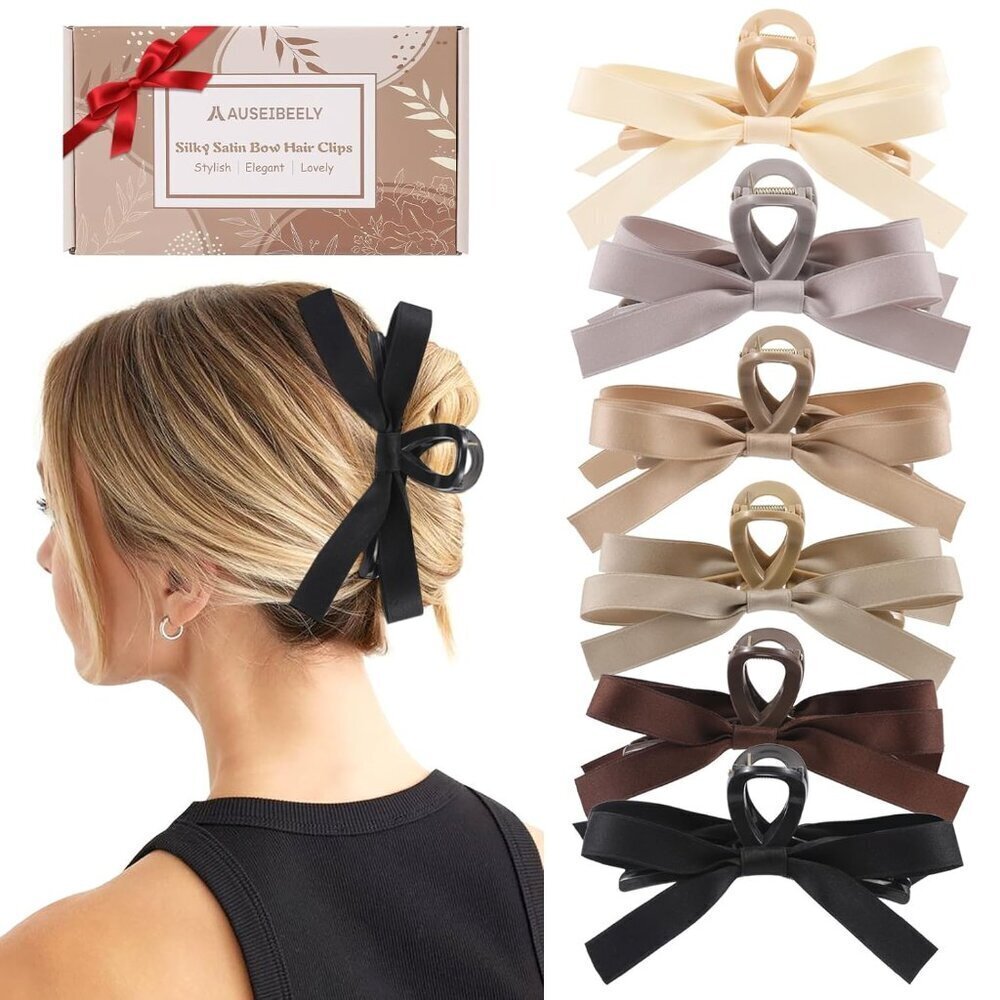 6 PCS Satin Bow Hair Clips Non-Slip for Women Girls Weddings Bridesmaids
